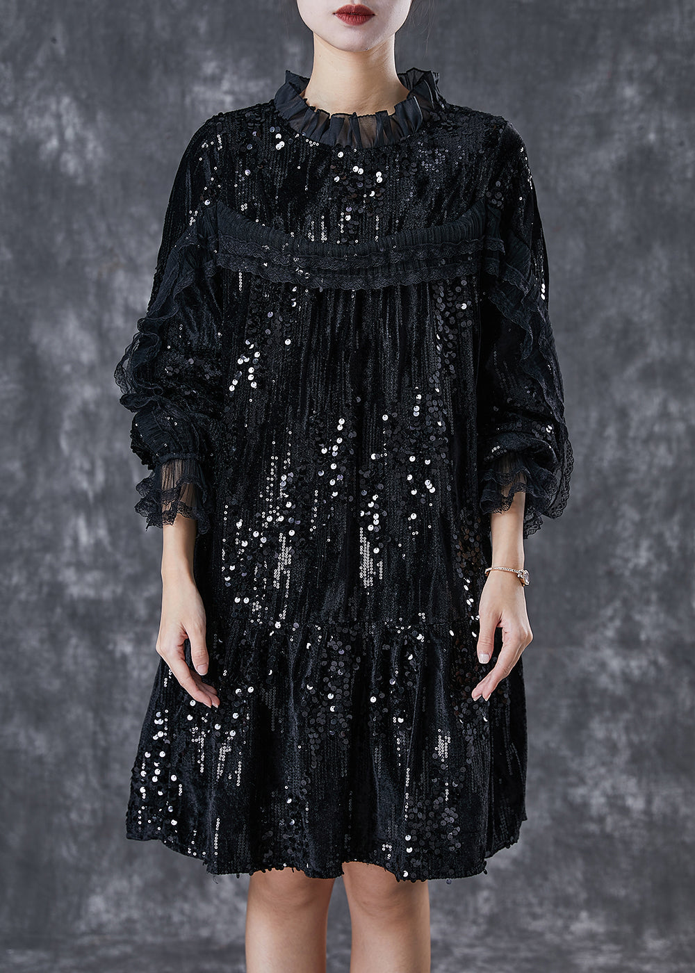 Black Sequins Patchwork Velour Mid Dresses Spring