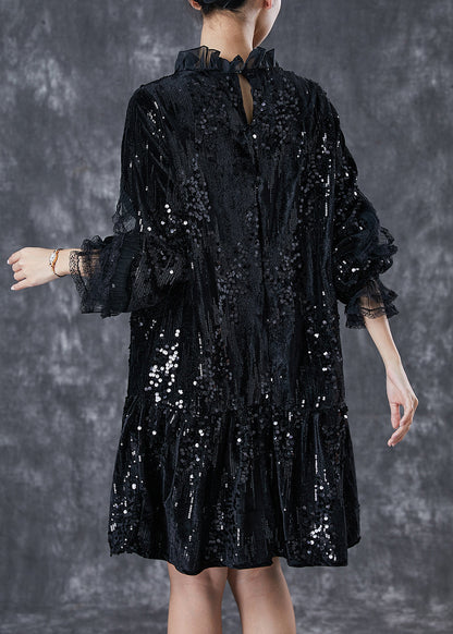 Black Sequins Patchwork Velour Mid Dresses Spring