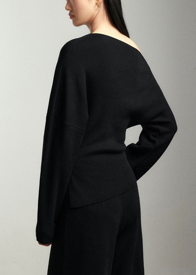 Black Slash Neck Woolen Sweaters Batwing Sleeve