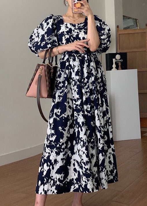 Black Square Collar Print Cotton Long Dress Summer