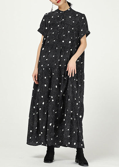 Black Stand Collar Print Cotton Dresses Short Sleeve