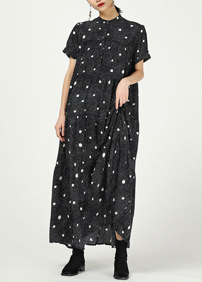 Black Stand Collar Print Cotton Dresses Short Sleeve