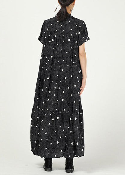 Black Stand Collar Print Cotton Dresses Short Sleeve