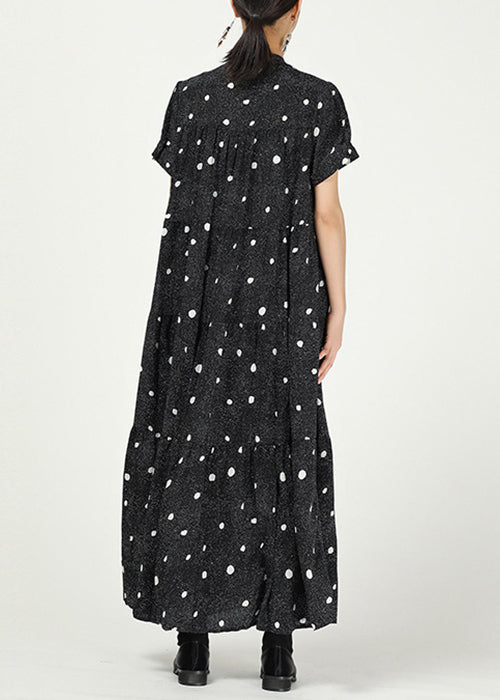 Black Stand Collar Print Cotton Dresses Short Sleeve