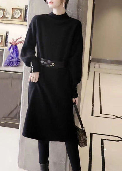 Black Stand Collar Tie Waist Patchwork Knit Sweater Dress Fall