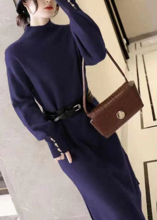 Black Stand Collar Tie Waist Patchwork Knit Sweater Dress Fall