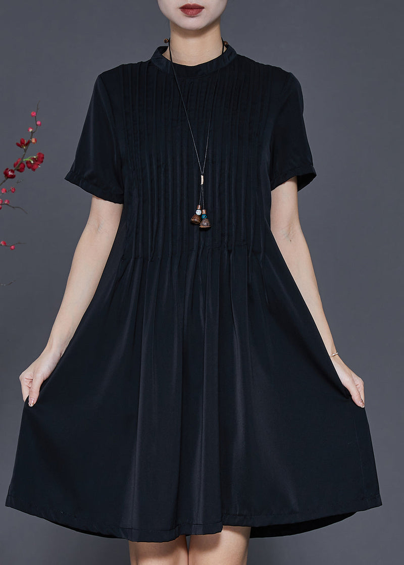 Black Stand Collar Wrinkled Cotton Dress Summer