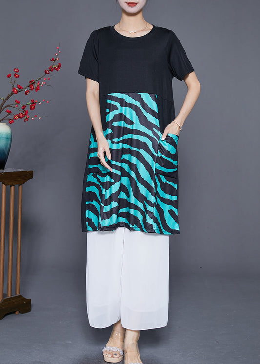 Black Striped Patchwork Pockets Cotton Maxi Dresses Summer
