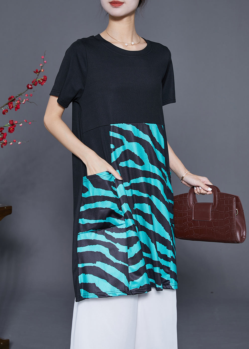 Black Striped Patchwork Pockets Cotton Maxi Dresses Summer