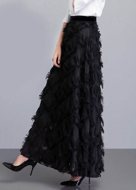 Black Tasseled Patchwork High Waist Chiffon Skirt Spring