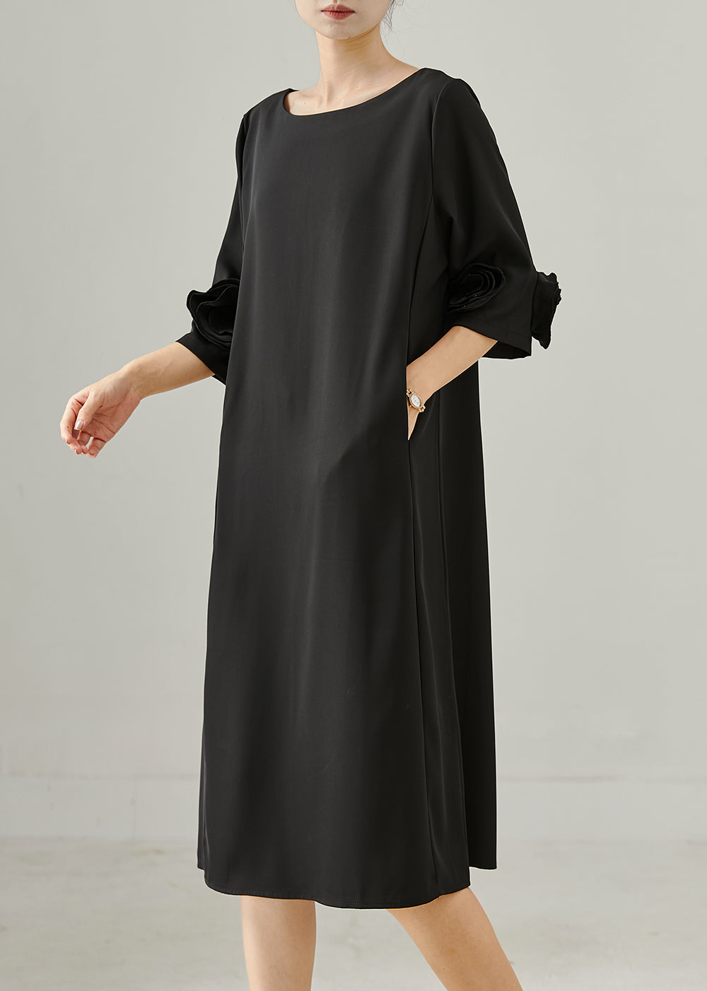 Black Three-dimensional Chiffon Dress Half Sleeve