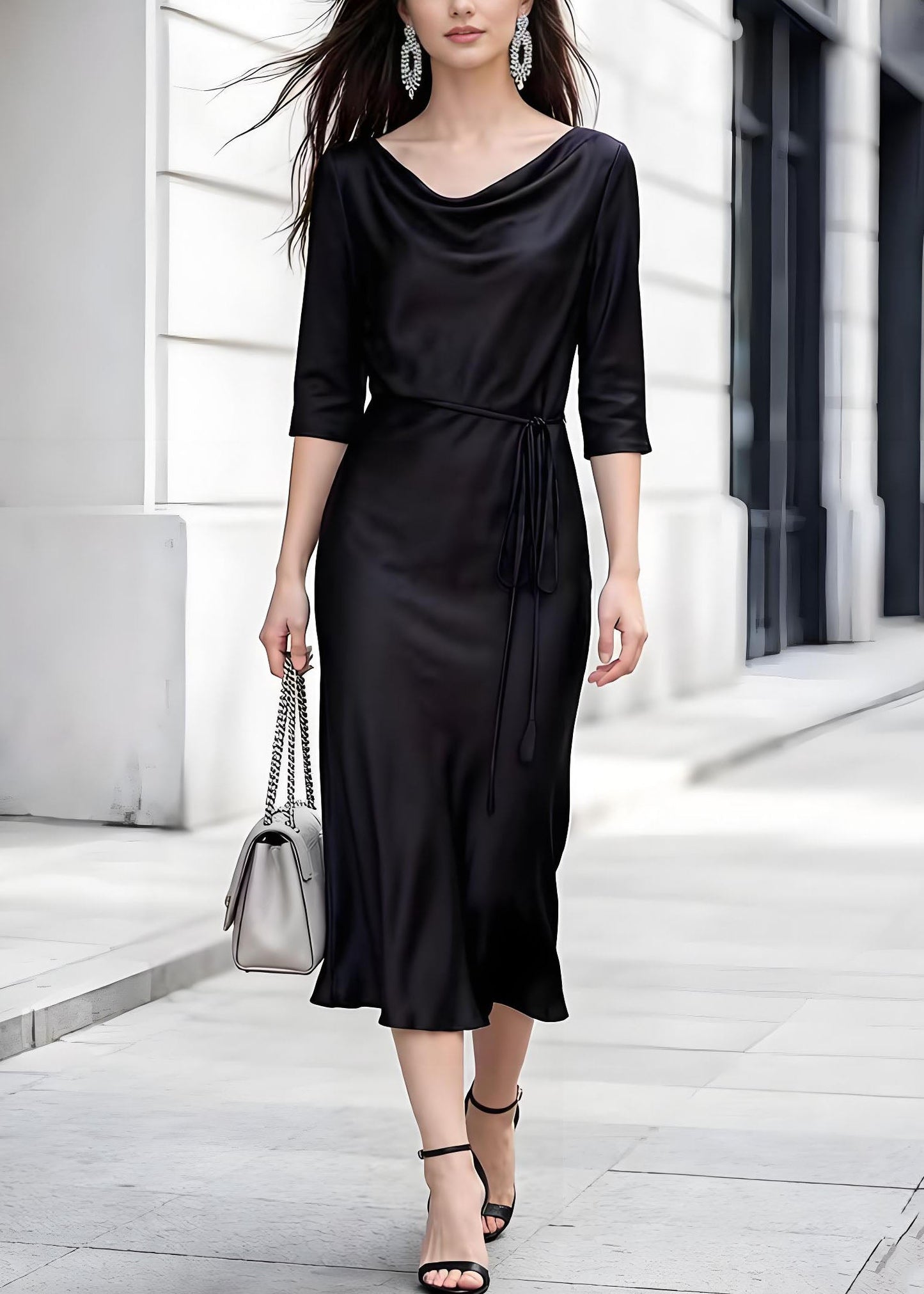 Black Turtle Neck Lace Up Silk Dress Summer
