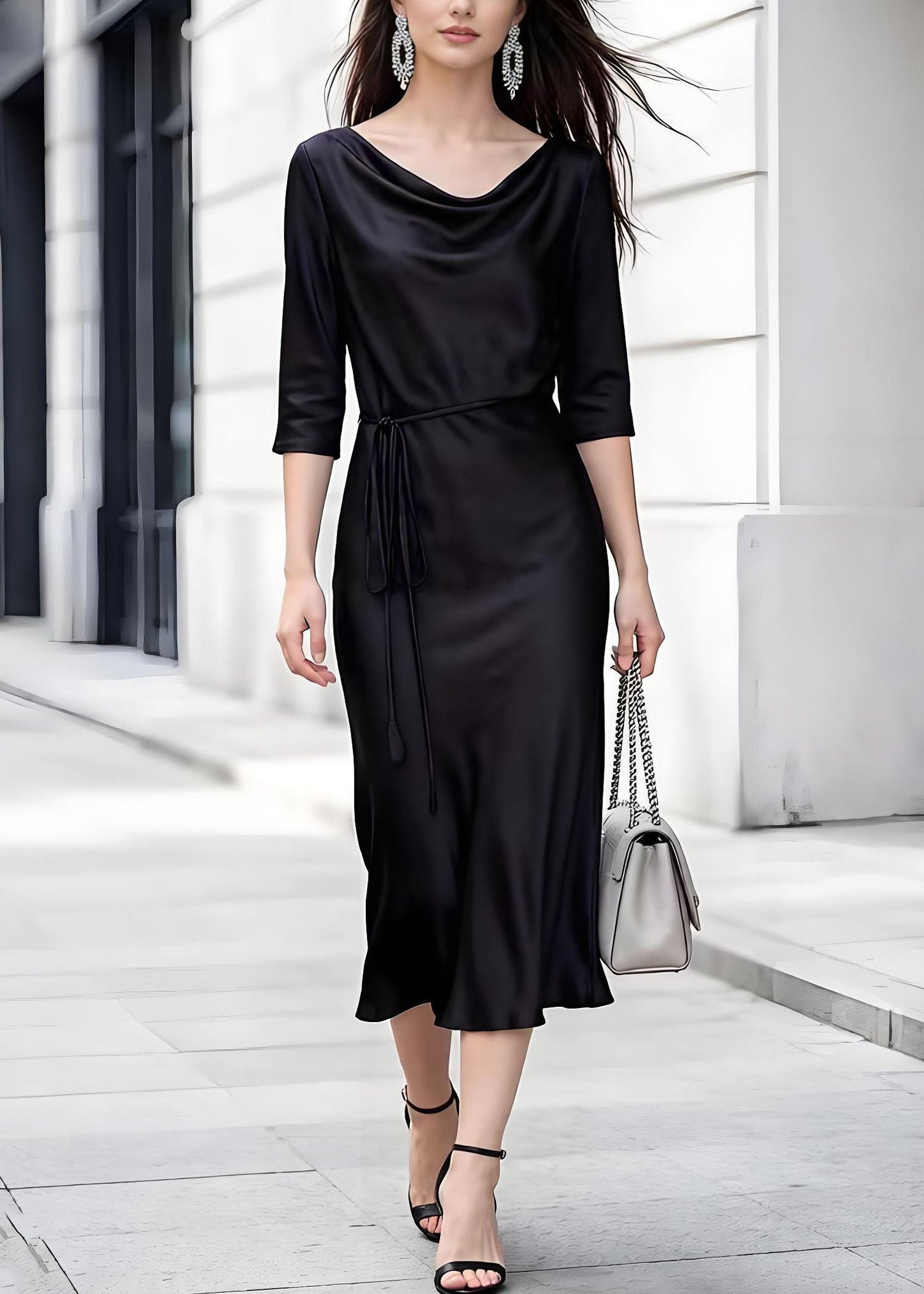 Black Turtle Neck Lace Up Silk Dress Summer