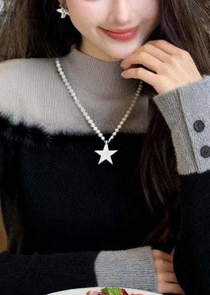 Black Turtleneck Patchwork False Two Pieces Knit Sweater Winter