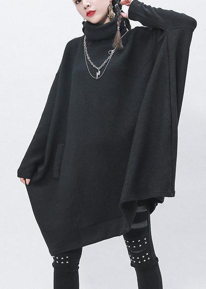 Black Turtleneck Patchwork Knit Sweaters Long Sleeve