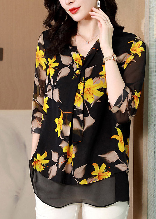 Black V Neck Bow Print Layered Silk Shirt Half Sleeve