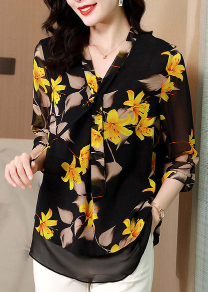 Black V Neck Bow Print Layered Silk Shirt Half Sleeve