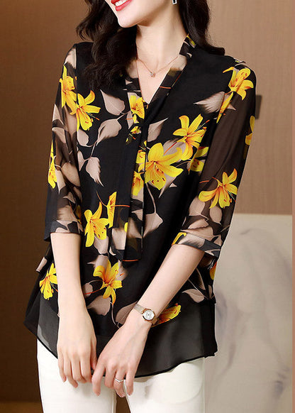 Black V Neck Bow Print Layered Silk Shirt Half Sleeve