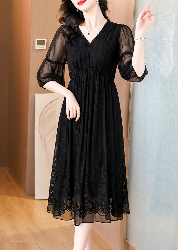 Black V Neck Embroidered Wrinkled Silk Dress Summer