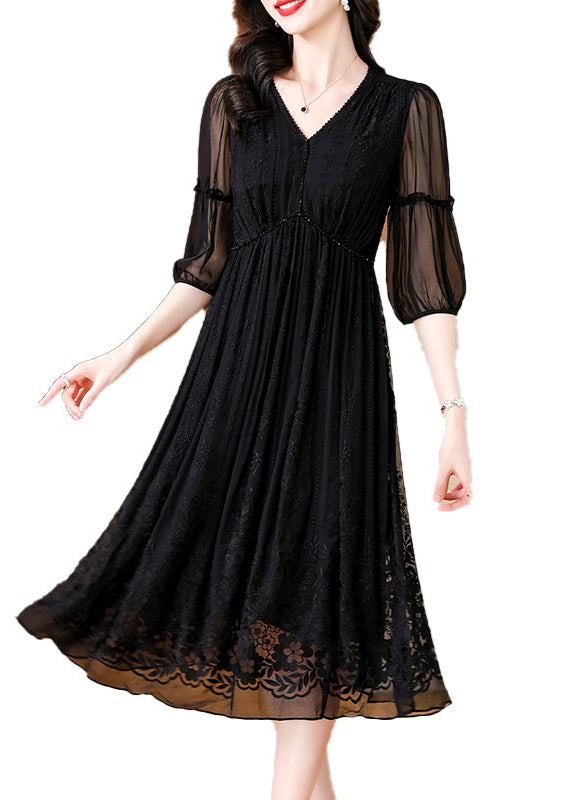 Black V Neck Embroidered Wrinkled Silk Dress Summer