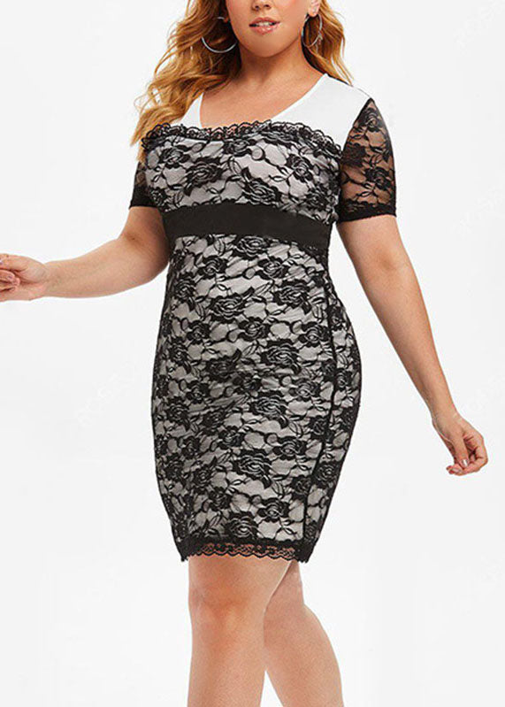 Black V Neck High Waist Lace Patchwork Mid Dress Short Sleeve