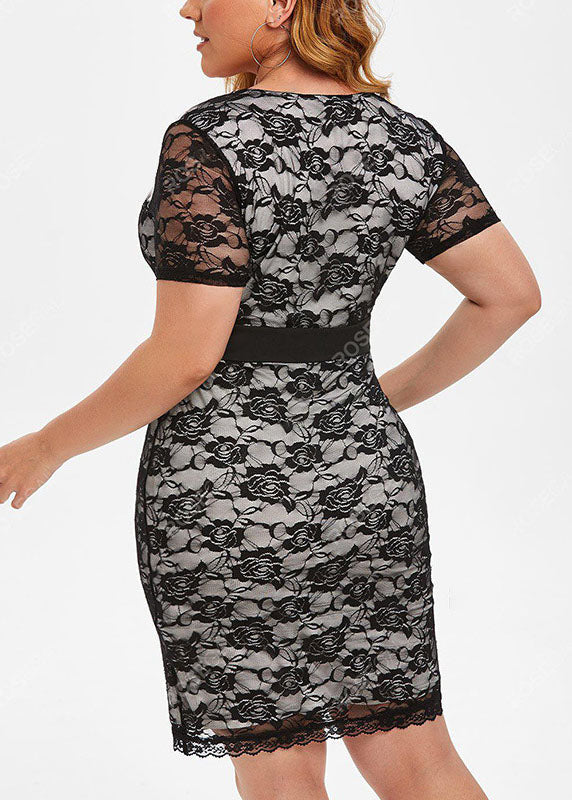 Black V Neck High Waist Lace Patchwork Mid Dress Short Sleeve