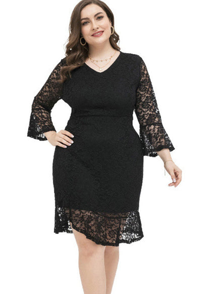 Black V Neck Lace Mid Dress Long Sleeve