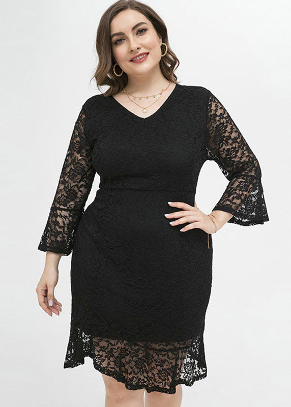 Black V Neck Lace Mid Dress Long Sleeve