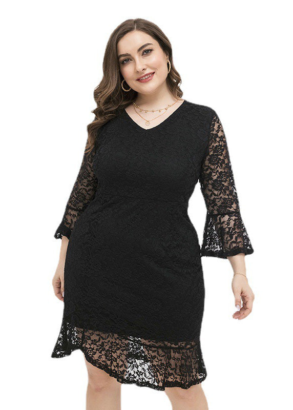 Black V Neck Lace Mid Dress Long Sleeve