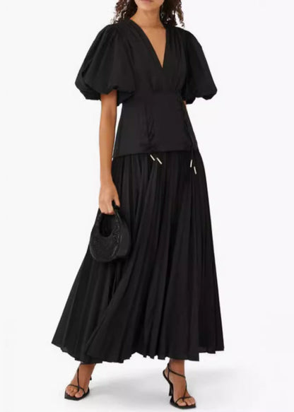 Black V Neck Lace Up Cotton Long Dresses Summer