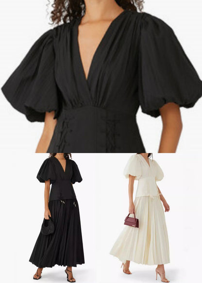 Black V Neck Lace Up Cotton Long Dresses Summer