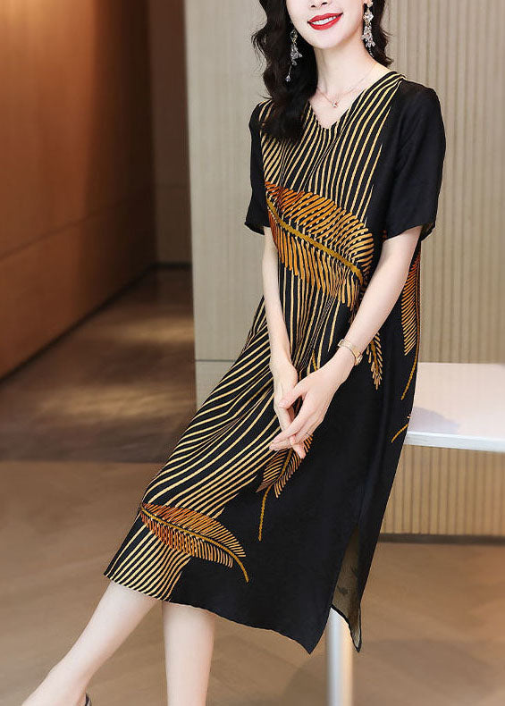 Black V Neck Leaf Print Side Open Silk Long Dress Summer