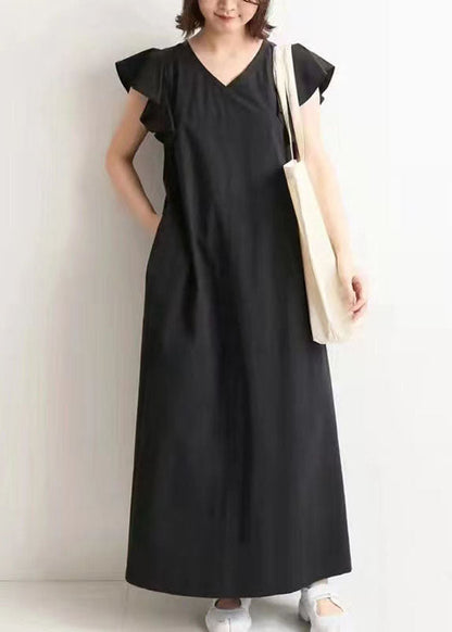 Black V Neck Patchwork Ruffled Cotton Maxi Dresses Summer