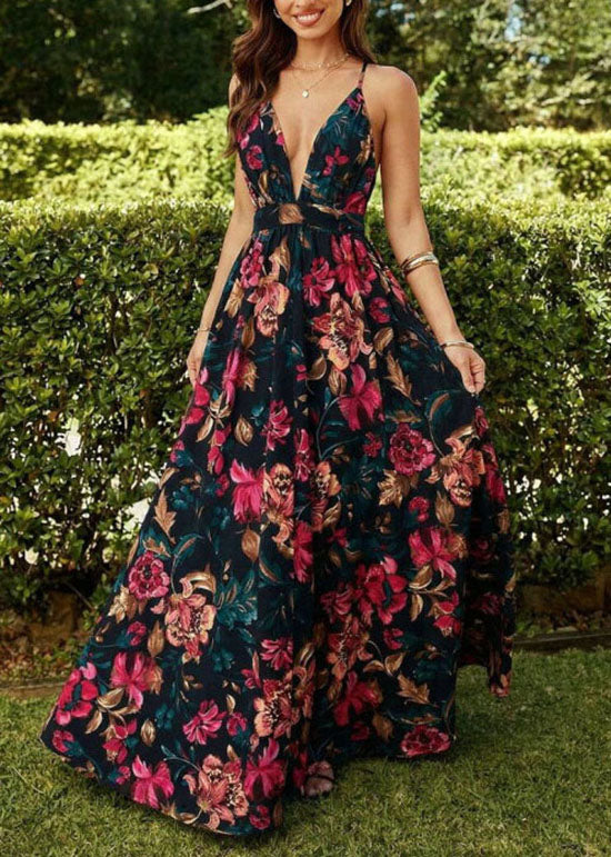 Black V Neck Print Chiffon Spaghetti Strap Dress Summer