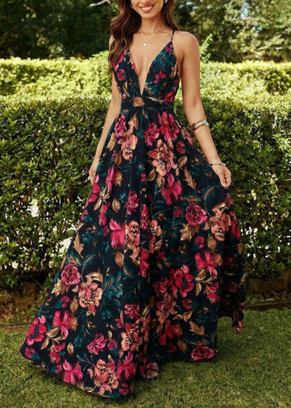 Black V Neck Print Chiffon Spaghetti Strap Dress Summer