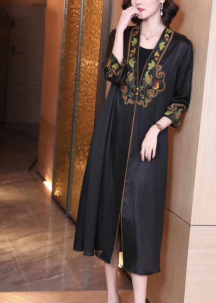 Black V Neck Print Draping Silk Long Cardigans Bracelet Sleeve