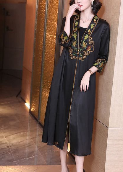 Black V Neck Print Draping Silk Long Cardigans Bracelet Sleeve
