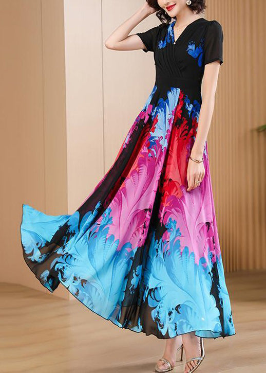 Black V Neck Print High Waist Chiffon Maxi Dresses Summer