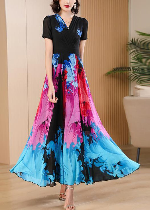 Black V Neck Print High Waist Chiffon Maxi Dresses Summer