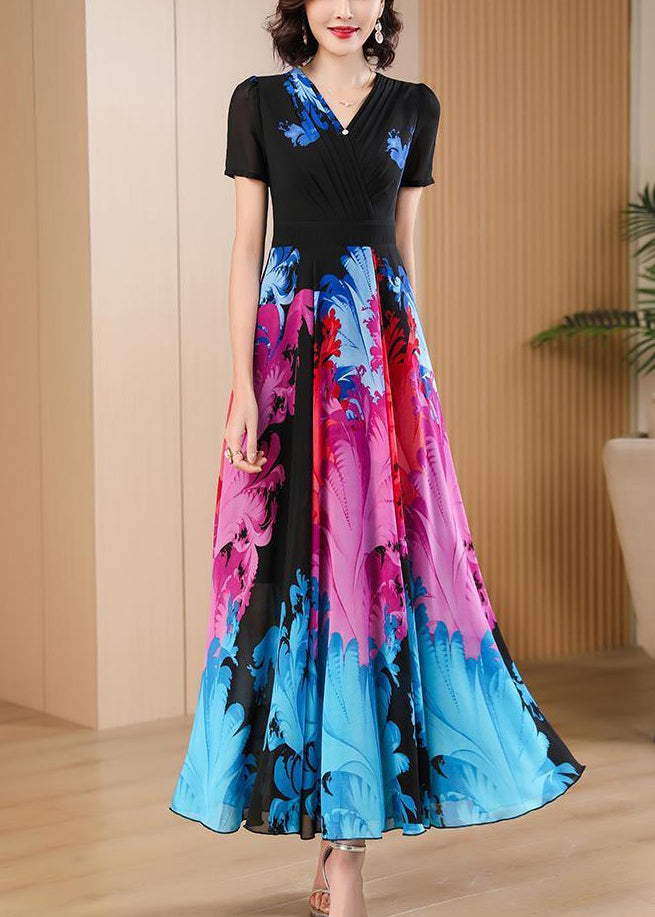 Black V Neck Print High Waist Chiffon Maxi Dresses Summer