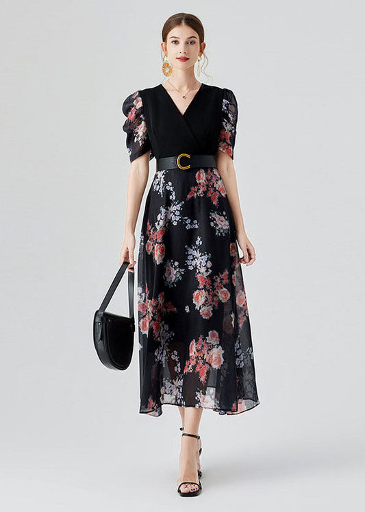 Black V Neck Print Sashes Patchwork Chiffon Long Dresses Puff Sleeve