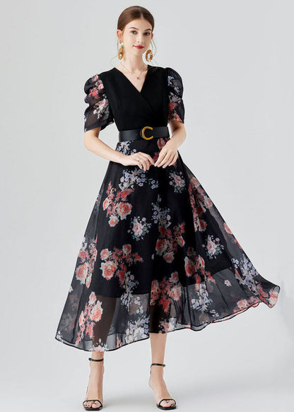 Black V Neck Print Sashes Patchwork Chiffon Long Dresses Puff Sleeve
