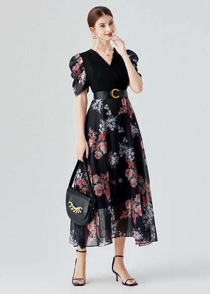 Black V Neck Print Sashes Patchwork Chiffon Long Dresses Puff Sleeve