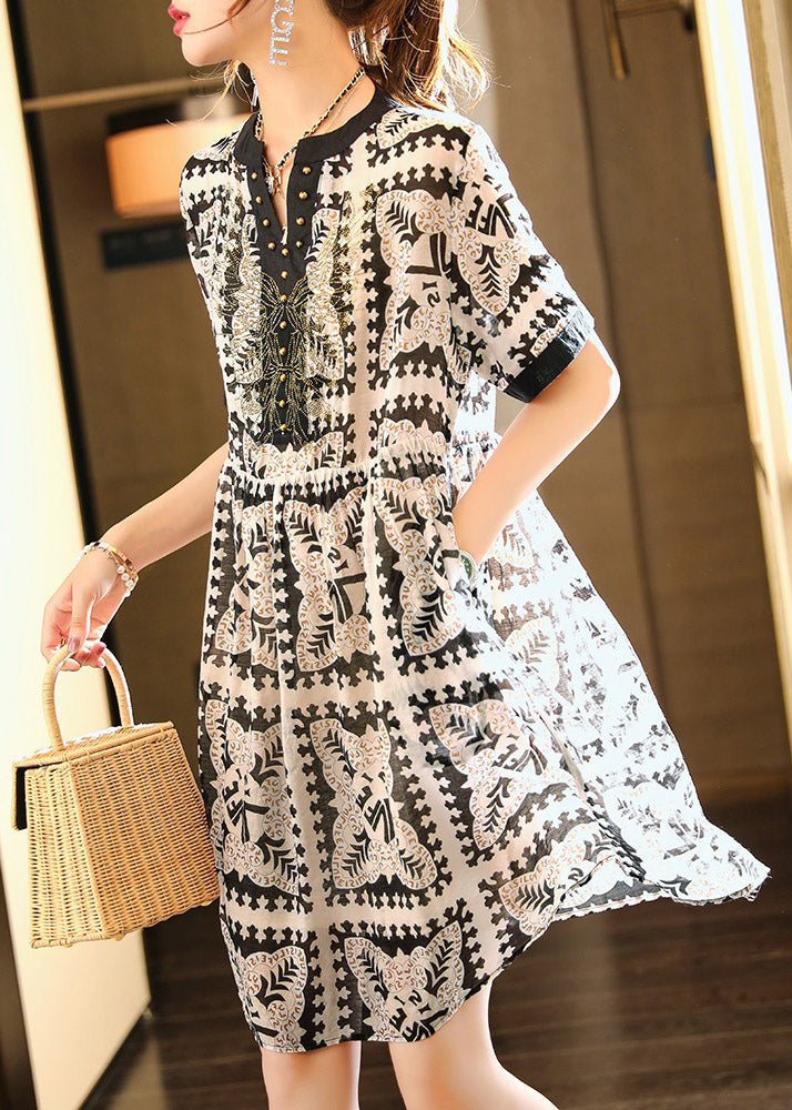 Black V Neck Print Vacation Chiffon Maxi Dresses Summer