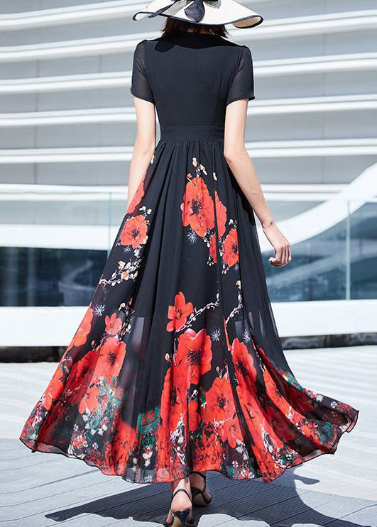 Black V Neck Print Wrinkled Chiffon Long Dresses Summer
