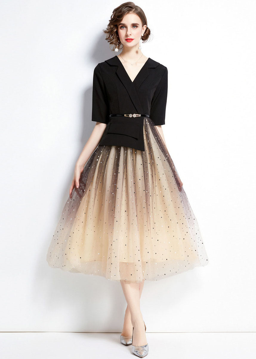 Black V Neck Sequins Tulle Patchwork Spandex Dresses Summer