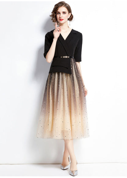 Black V Neck Sequins Tulle Patchwork Spandex Dresses Summer
