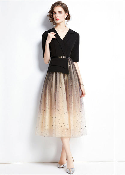 Black V Neck Sequins Tulle Patchwork Spandex Dresses Summer