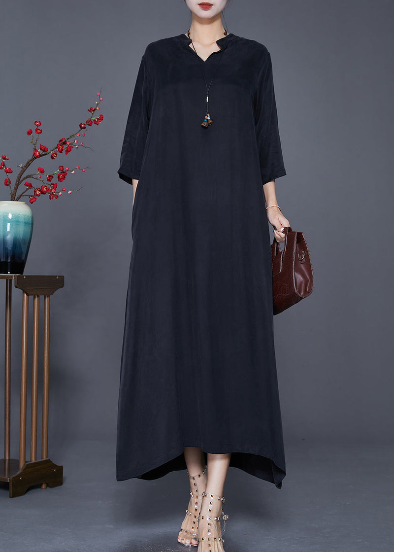 Black V Neck Side Open Silk Dresses Bracelet Sleeve