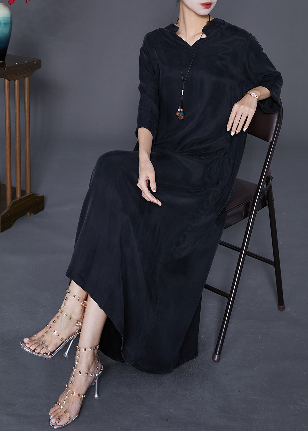 Black V Neck Side Open Silk Dresses Bracelet Sleeve